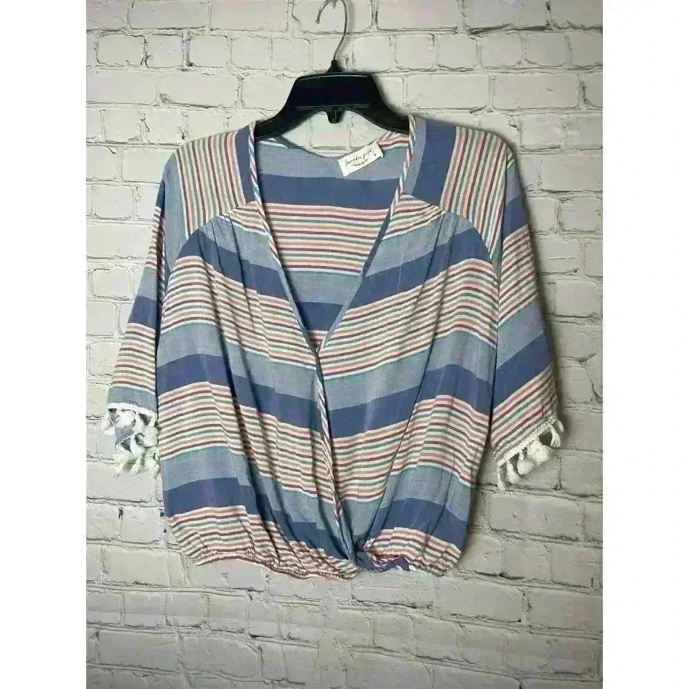 Anthropology Lavender Field Blue Cropped Wrap Boho Top w/ tassels Womens Size M